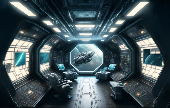 Космос, фантастика, наука, интерьер, иллюминатор, spaceship, космический корабль, звездолет