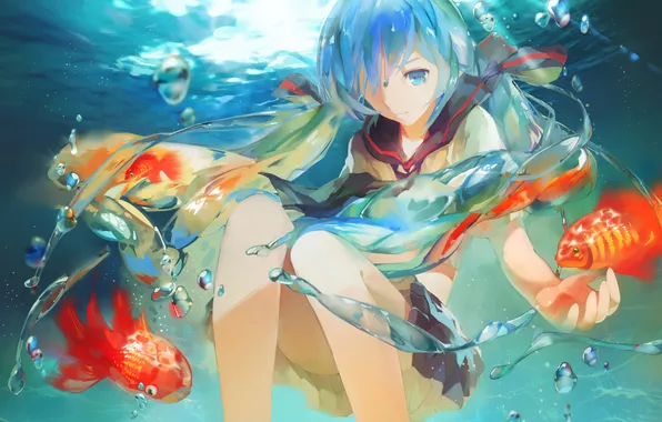 Вода, девушка, рыбки, школьница, vocaloid, вокалоид, art, bottle miku