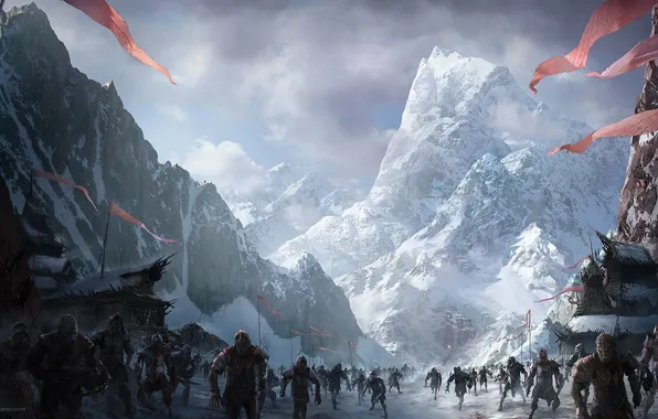 Картинка снег, горы, арт, битва, орки, Lord of The Rings, War In The North, Ilya Nazarov