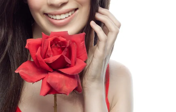 Картинка цветок, девушка, улыбка, фон, модель, роза, рука