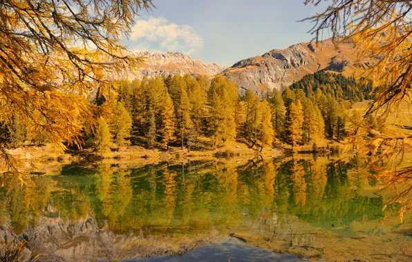 Осень, небо, деревья, горы, озеро