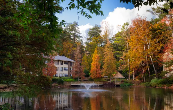 Картинка осень, лес, озеро, дом, фонтан, USA, США, house