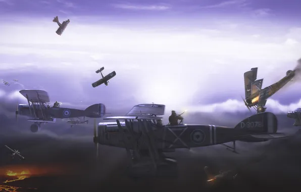 Картинка ночь, перестрелка, самолёты, первая мировая война, Воздушный бой