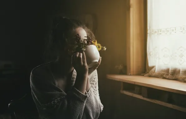 Картинка девушка, цветы, чашка