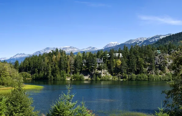 Картинка лес, деревья, горы, озеро, скалы, Канада, домики, Lake Whistler