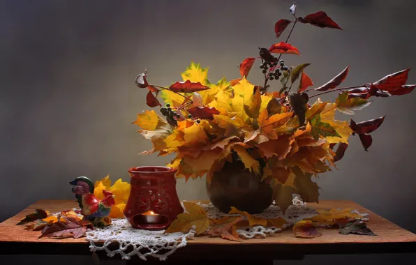 Листья, ветки, ягоды, свеча, ваза, натюрморт, столик, подсвечник