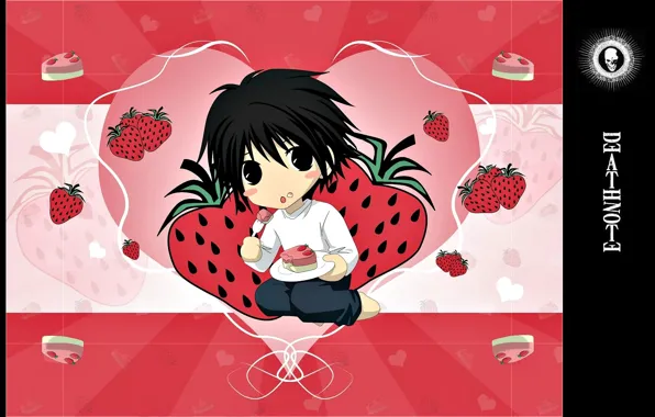 Клубника, сладости, пирожное, Death Note, Тетрадь Смерти, сердечко, Эль, чибик