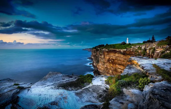Картинка тучи, обрыв, океан, скалы, маяк, Австралия, Сидней