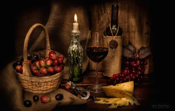 Вино, бокал, свеча, сыр, виноград, натюрморт, штопор