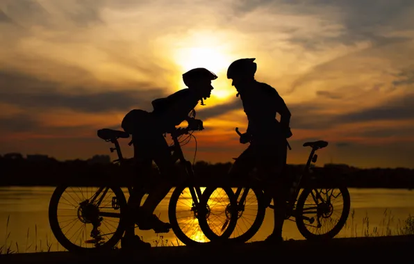 Картинка закат, велосипед, люди, вечер, велосипеды