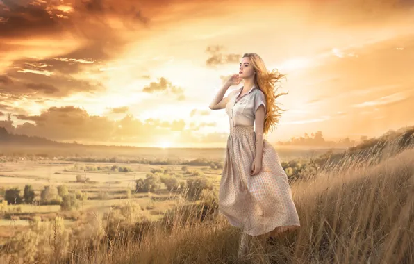 Небо, трава, девушка, закат, настроение, волосы, вид, Damien Prokhorov