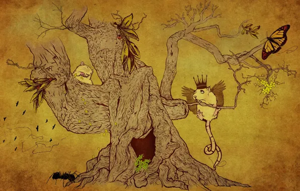 Картинка животные, рисунок, Дерево