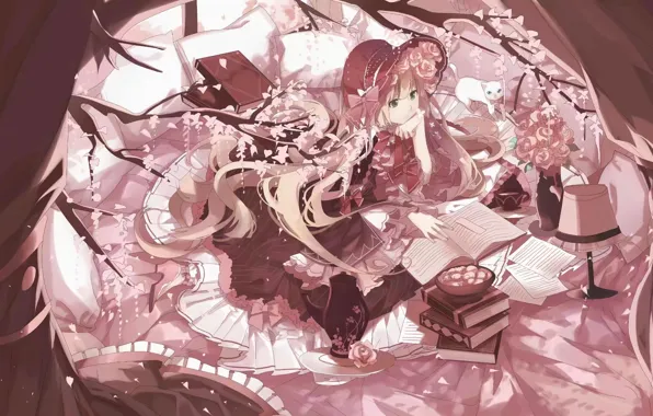 Кошка, девушка, лампа, розы, тетрадь, Gosick