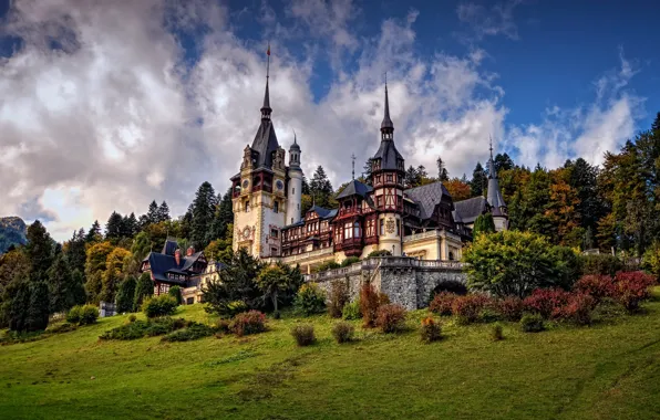 Деревья, замок, архитектура, кусты, Romania, Румыния, Синая, Peles Castle