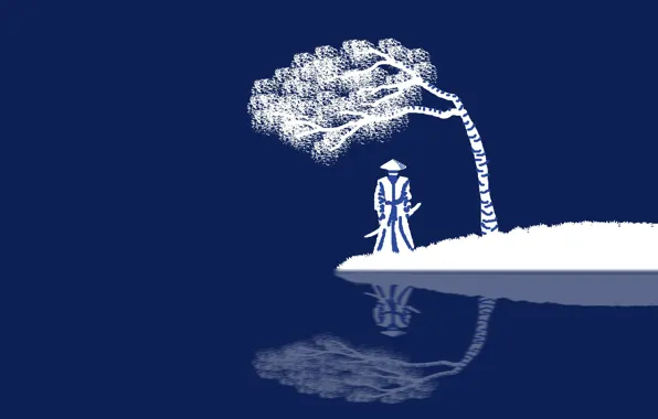 Картинка sword, fantasy, minimalism, weapon, hat, katana, tree, blue background
