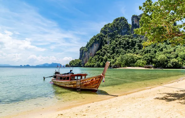 Песок, тропики, океан, берег, побережье, лодка, Тайланд, Thailand