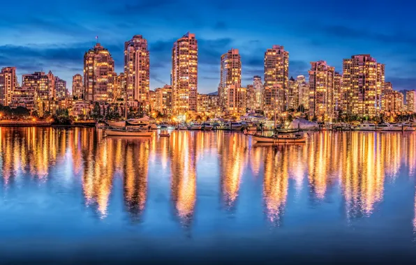 Отражение, здания, яхты, Канада, панорама, Ванкувер, Canada, ночной город