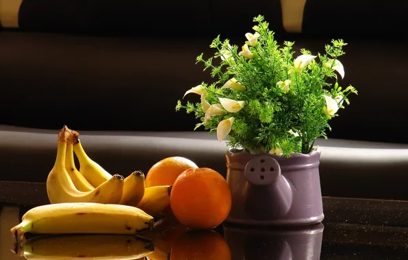 Картинка цветы, апельсины, бананы, натюрморт