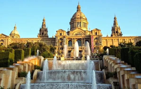 Картинка небо, вода, музей, Испания, каскад, дворец, Барселона