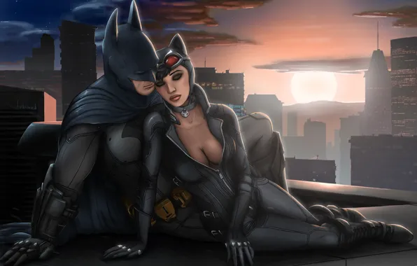 Картинка крыша, Batman: Arkham City, костюмы, Batman X Catwoman