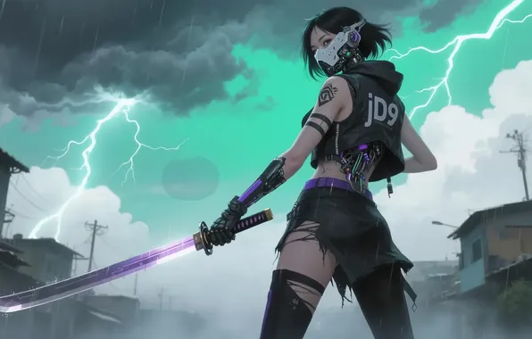 Картинка girl, katana, purple, cyberpunk, lightning