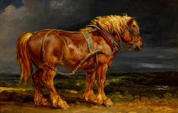 Картинка тучи, конь, лошадь, рыжий, живопись, сбруя