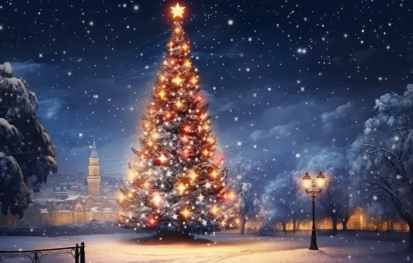 Новый Год, парк, snow, зима, tree, lights, Christmas, ночь