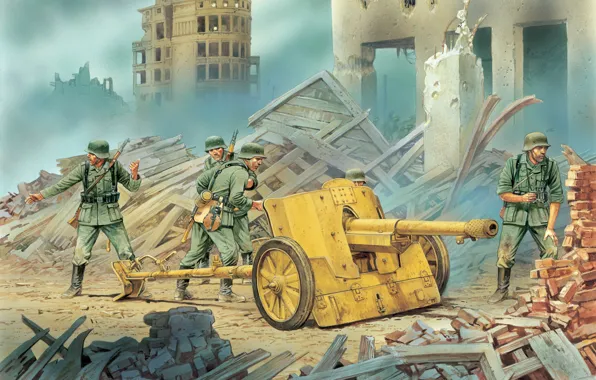 Картинка город, рисунок, пушки, арт, развалины, Вторая мировая война, 5 cm, расчет