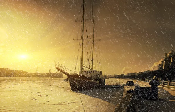Картинка снег, закат, город, река, корабль