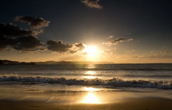 Картинка море, волны, пляж, солнце, восход