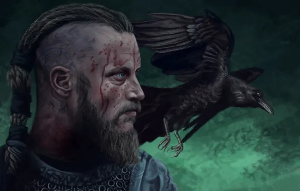Картинка голова, воин, ворон, raven, art, viking, Ragnar Lothbrok
