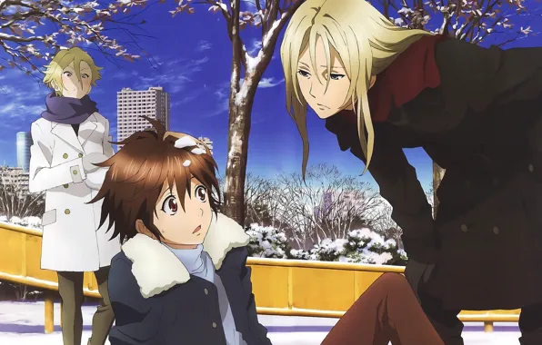 Зима, снег, небоскреб, падение, парни, на улице, guilty crown, три парня
