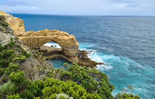 Картинка green, waves, sky, ocean, coast, rocks, tide, tropical