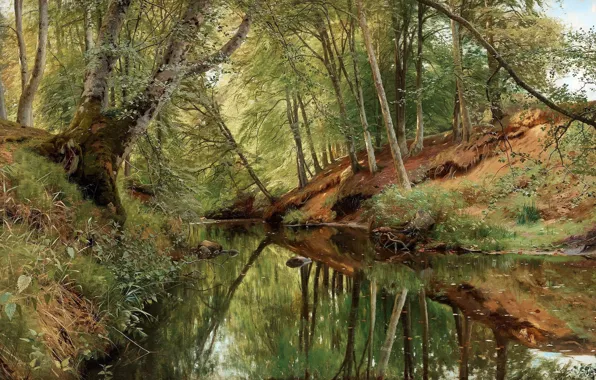 Картинка 1896, датский живописец, Петер Мёрк Мёнстед, Peder Mørk Mønsted, Danish realist painter, Река в лесу …