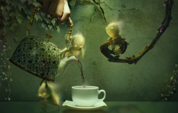Картинка листья, ветки, графика, рука, человечки, чайник, чаепитие, чашка