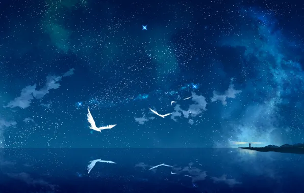 Море, звезды, птицы, ночь, маяк, арт, звездное небо, tokumu kyuu