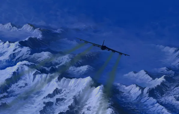 Картинка небо, полет, авиация, горы, самолет, арт, USAF B-52