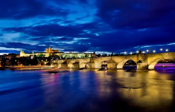 Картинка ночь, мост, река, Прага, Чехия