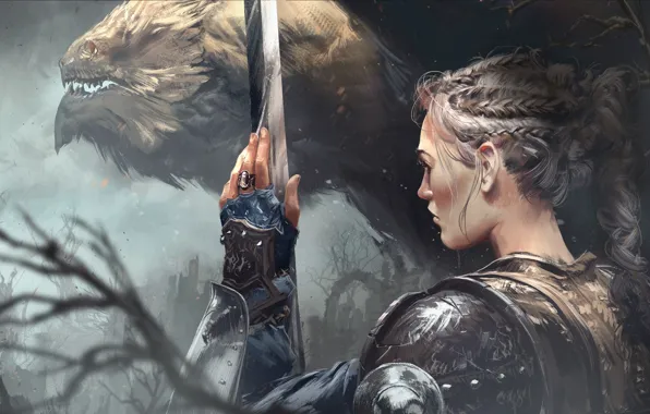 Картинка girl, sword, fantasy, armor, weapon, Warrior, braid, painting