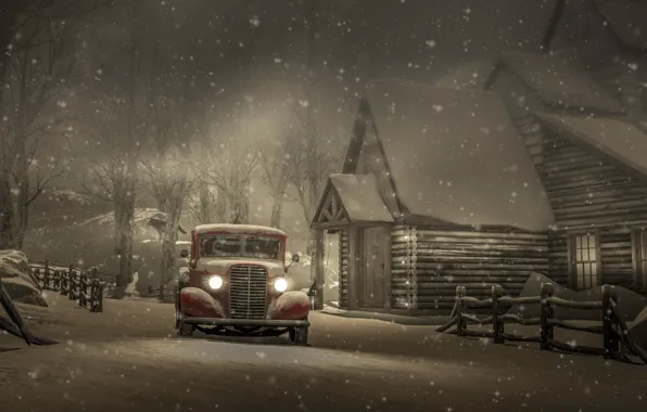 Картинка зима, машина, авто, снег, дом, винтаж
