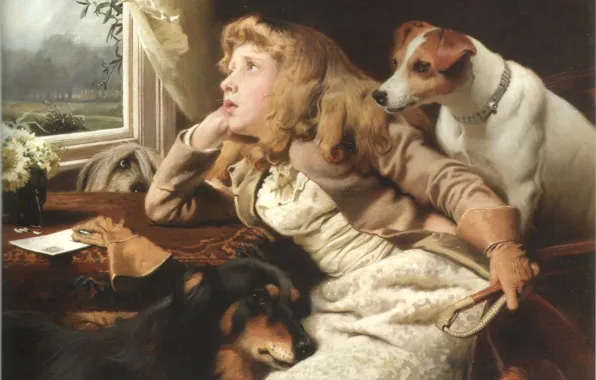Картинка окно, девочка, три собаки, BARBER, NO RIDE TODAY