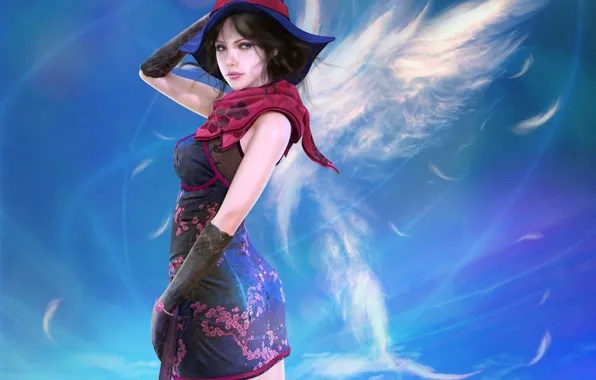 Небо, девушка, облака, крылья, шляпка