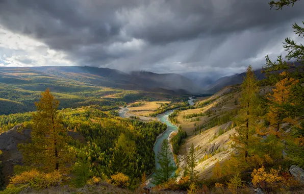 Картинка облака, деревья, река, долина, лучи света, Диков Рустем