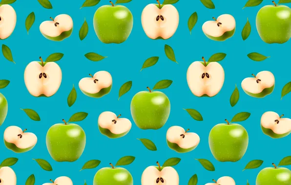 Зеленый, яблоки, плоды, половинки