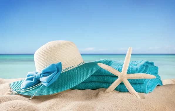 Песок, море, пляж, лето, солнце, отдых, полотенце, шляпа