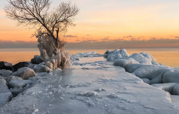 Картинка зима, море, закат, берег, лёд