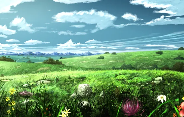 Картинка небо, пейзаж, цветы, луг, арт, живопись, soyokaze