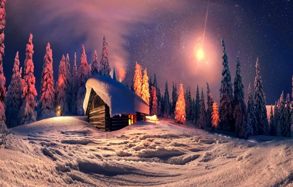 Картинка зима, снег, ночь, природа, город, огни, новый год, рождество