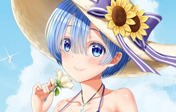 Девушка, цветы, шляпа, С нуля, Рем, Re Zero Kara Hajimeru Isekai Seikatsu