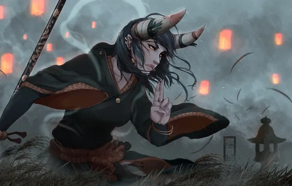 Girl, sword, fantasy, horns, katana, artwork, Samurai, warrior